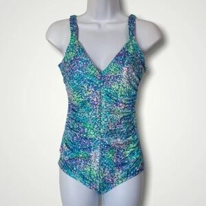 Gabar Vintage Blue Floral Print V-Neck One-Piece Full Coverage Swimsuit Size 12